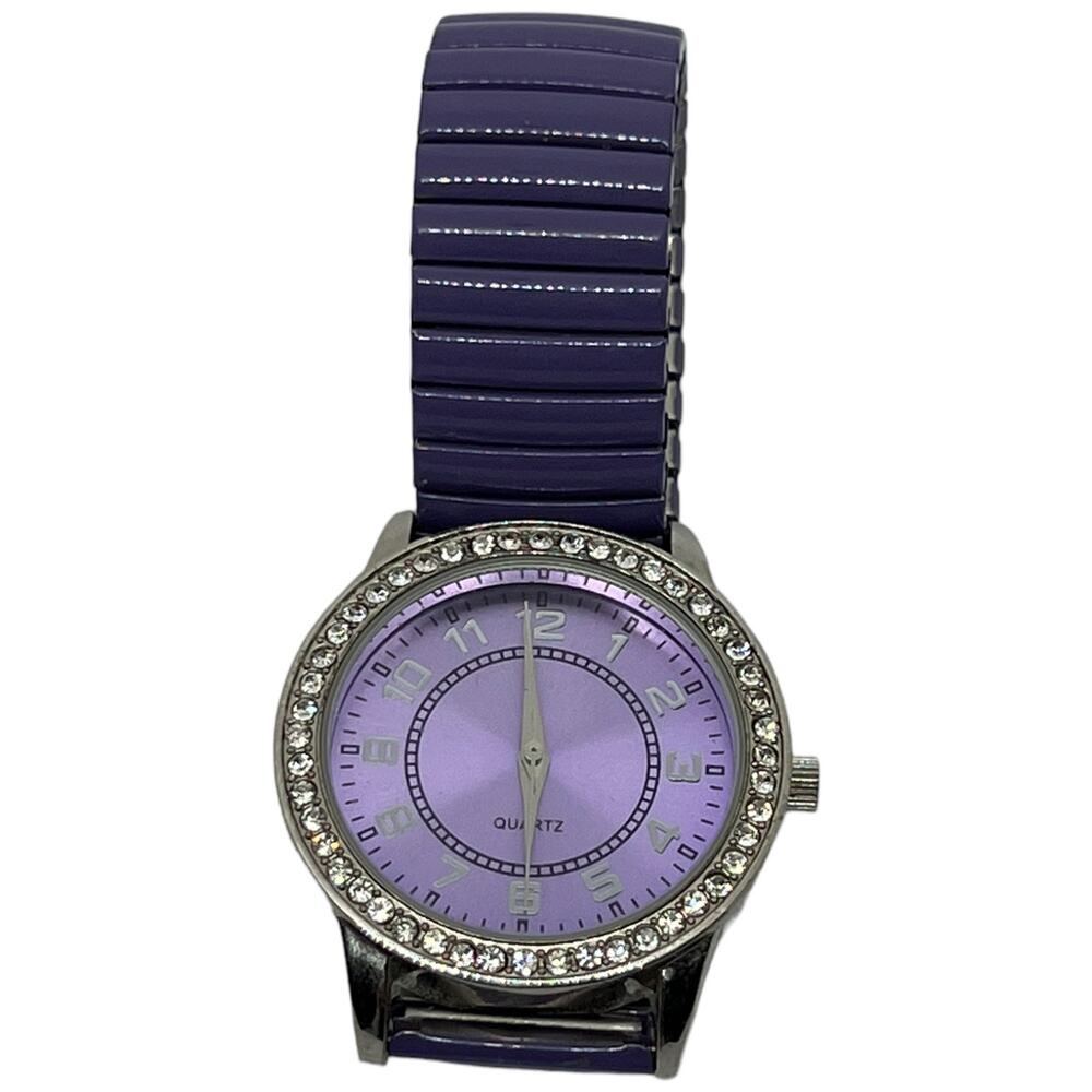 AVON Purple Crystal Bezel Watch Expandable Band Lavender Face Rhinestone